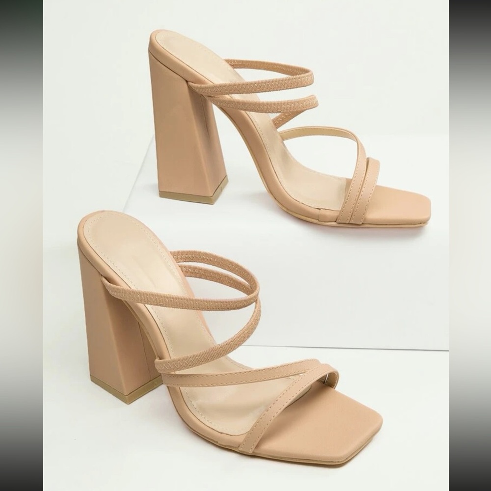 SHEIN Nude Multi Strap Open Toe Chunky Heel Mules